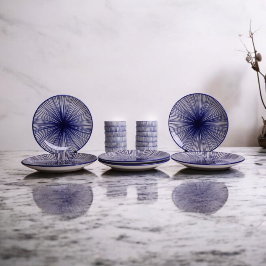 Indigo Radiance Dinner Set (6 Plates & 12 Bowls)