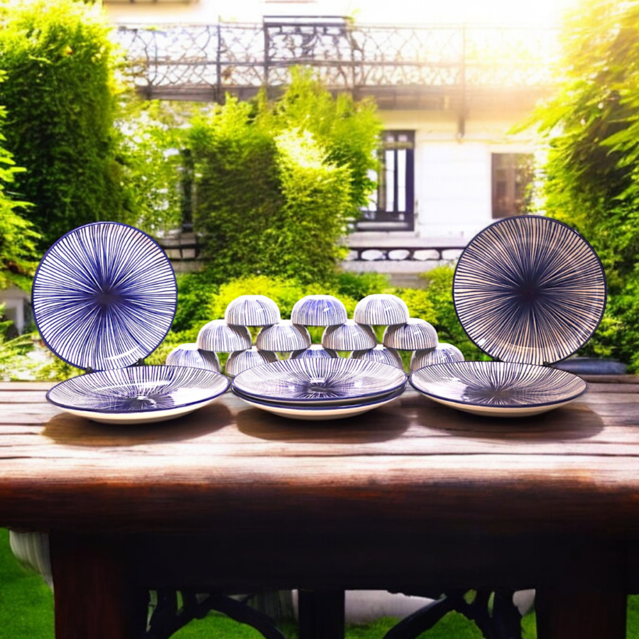 Indigo Radiance Dinner Set (6 Plates & 12 Bowls)